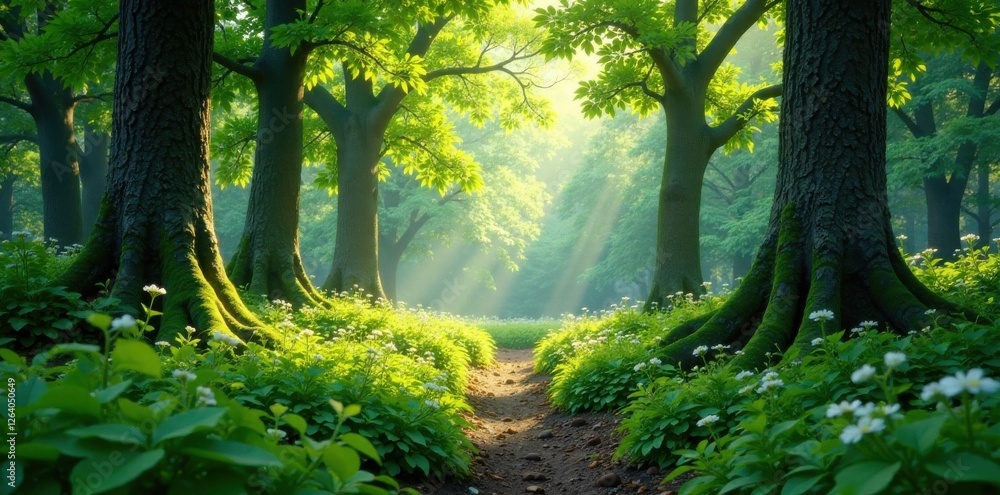 Woodland landscape with lush greenery and natural textures, earthy colors, foliage, nature Woodland landscape with lush greenery and natural textures, earthy colors, foliage, nature