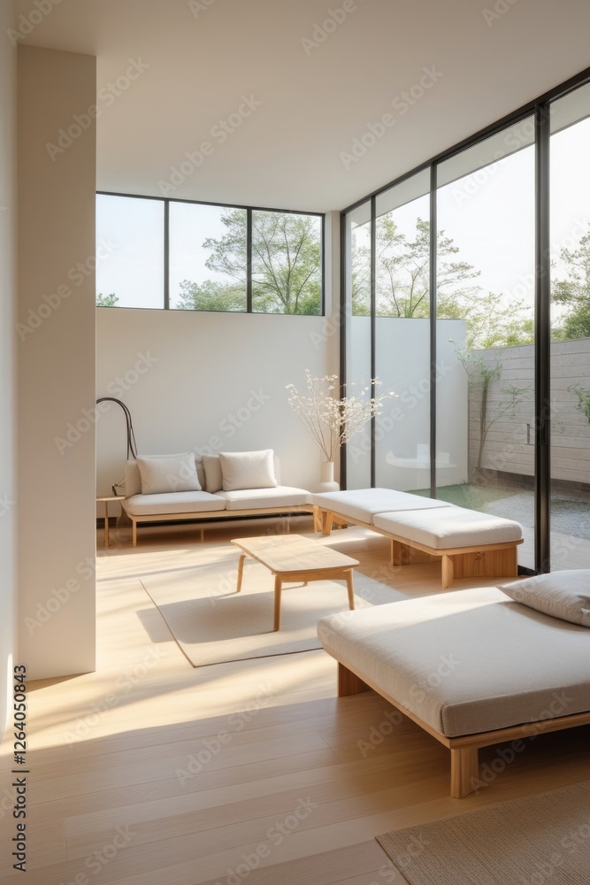 Fototapeta premium Minimalist Living Room Design With Natural Light And Wooden Furniture