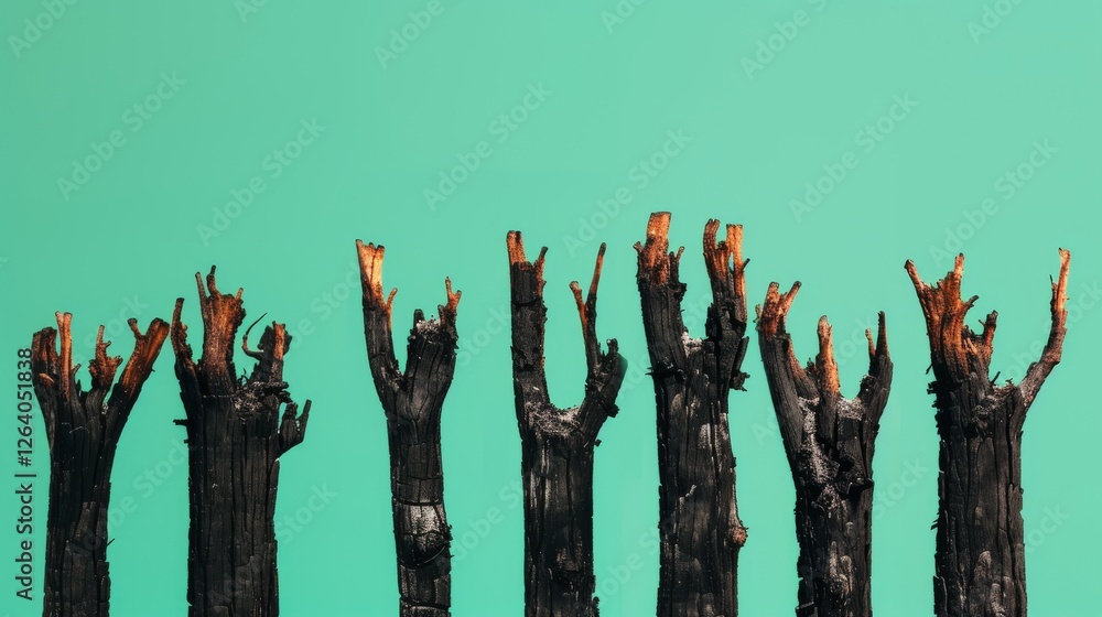 A dramatic close-up of burnt tree remains with blackened bark and exposed wood tips, set against a contrasting green background. A visual statement on wildfires, destruction, and ecological loss. AI
