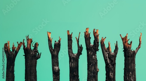 Obraz na płótnie A dramatic close-up of burnt tree remains with blackened bark and exposed wood tips, set against a contrasting green background. A visual statement on wildfires, destruction, and ecological loss. AI w salonie