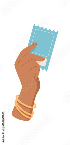 Hand holding ticket icon. Gesture of ticket exchange. Flat graphic style, visual concept, suitable for use in travel, event management, or any service related to ticketing.