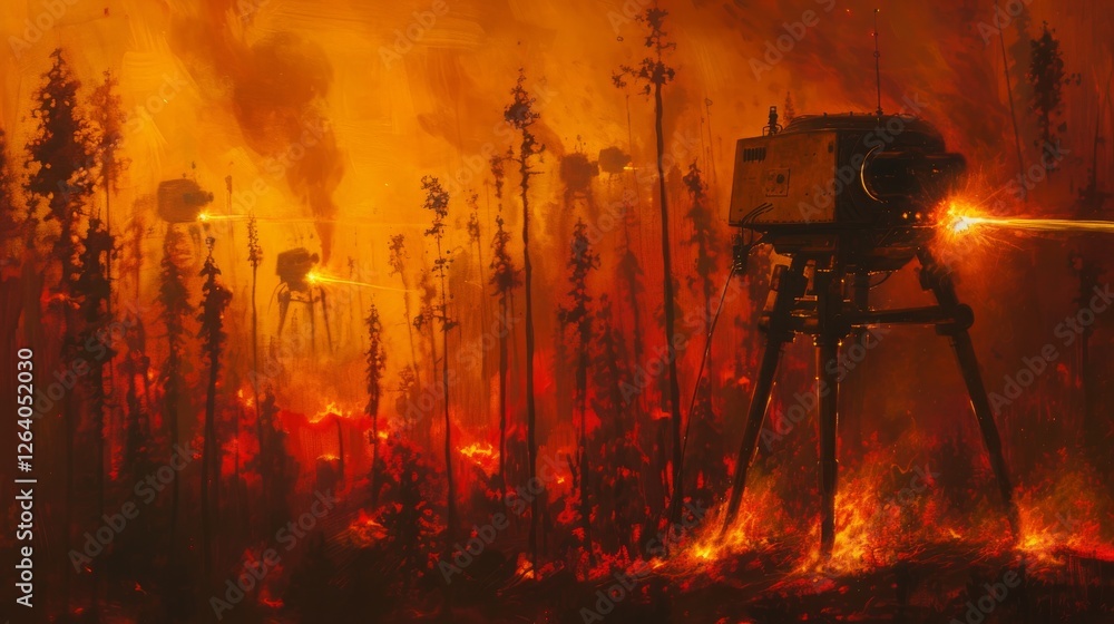 Autonomous robotic machines move through a burning battlefield, emitting powerful laser beams. The apocalyptic scene portrays a futuristic war setting with dramatic intensity. AI generated.