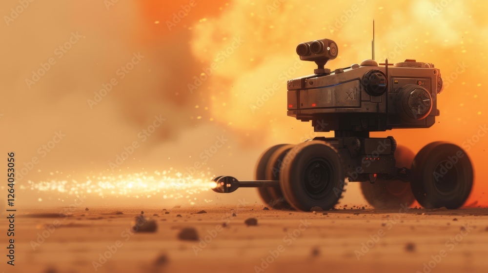 A heavily armed four-wheeled robotic vehicle navigates a dusty battlefield, firing a weapon amid an explosion. The scene evokes a sci-fi war atmosphere. AI generated.