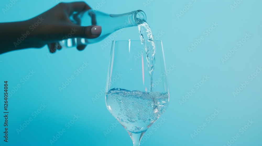 A hand pours clear water from a bottle into a wine glass against a blue background. The minimalist composition and soft lighting create a refreshing and modern aesthetic. AI generated.