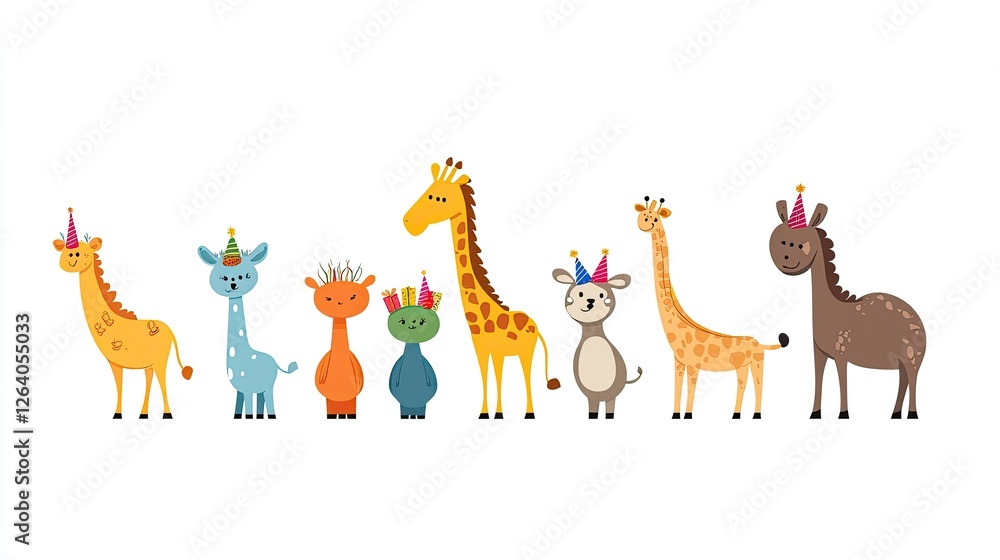 Colorful cartoon animals celebrating with party hats at a festive gathering in a joyful setting Colorful cartoon animals celebrating with party hats at a festive gathering in a joyful setting