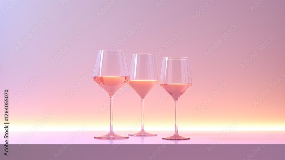 A minimalist and elegant display of three wine glasses filled with rose, placed on a sleek counter with soft ambient lighting, evoking a refined and relaxing atmosphere. AI generated.