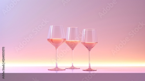 Obraz na płótnie A minimalist and elegant display of three wine glasses filled with rose, placed on a sleek counter with soft ambient lighting, evoking a refined and relaxing atmosphere. AI generated. w salonie