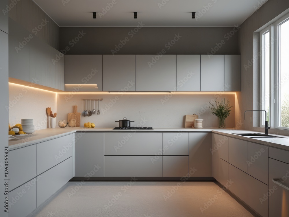 Fototapeta premium Modern Minimalist Kitchen Design With Light Gray Cabinets
