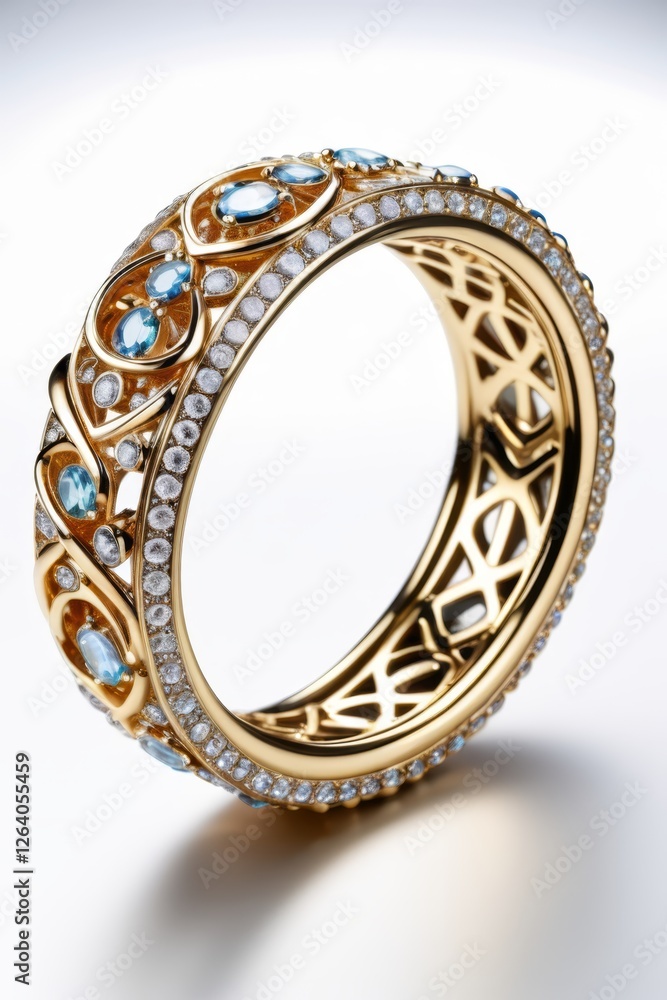 a close up of a gold ring with blue and white stones a close up of a gold ring with blue and white stones
