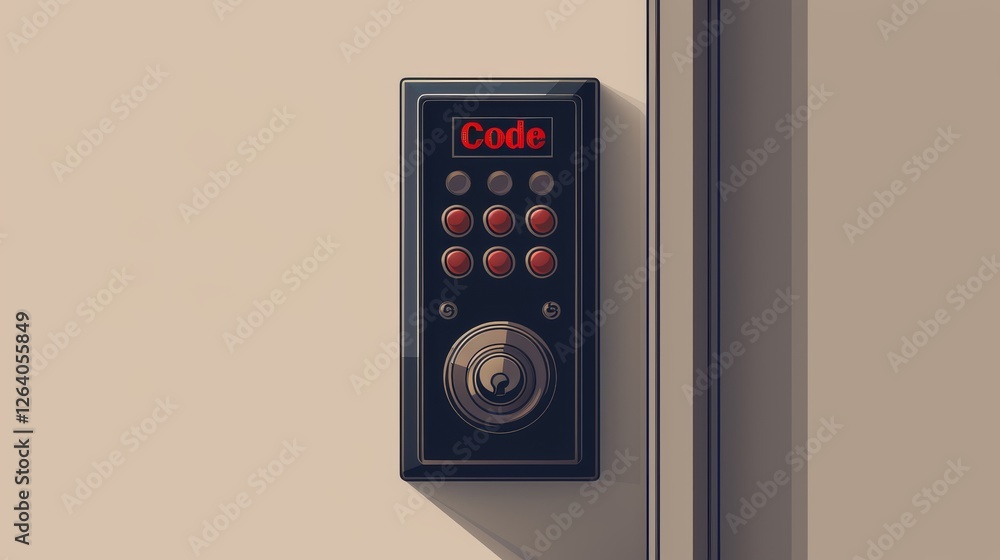 A high-tech electronic keypad with red glowing Code text above circular buttons, mounted on a sleek wall panel. A futuristic security system concept. AI generated.
