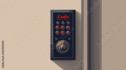 Obraz na płótnie A high-tech electronic keypad with red glowing Code text above circular buttons, mounted on a sleek wall panel. A futuristic security system concept. AI generated. w salonie