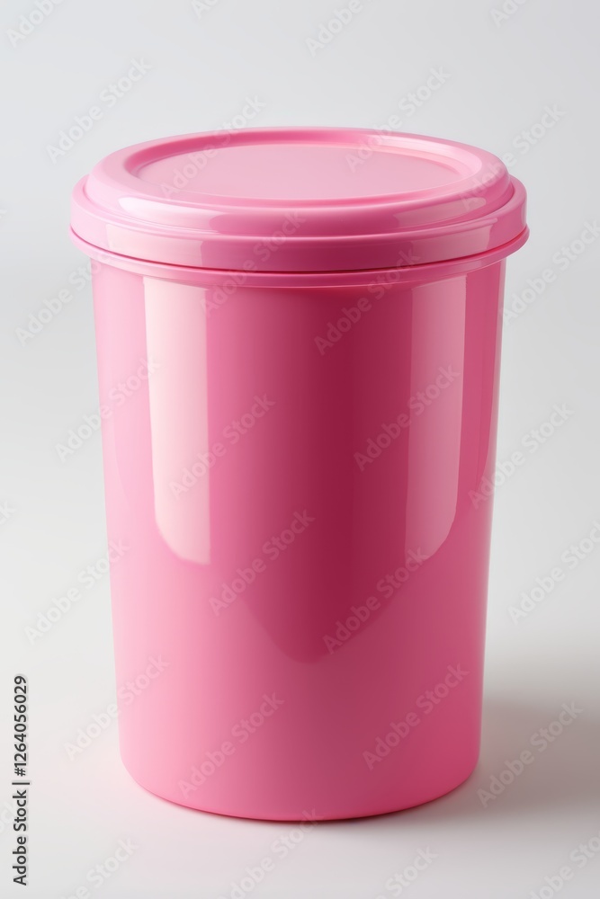 there is a pink container with a lid on a white surface