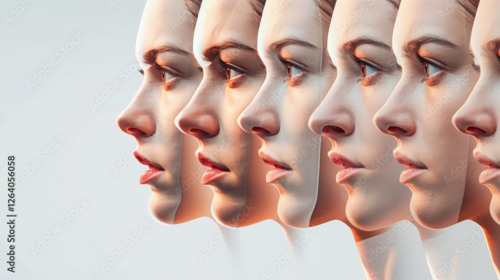 A surreal AI-generated composition of multiple human profiles merging seamlessly, illustrating digital evolution, facial transformation, and futuristic identity. AI generated.