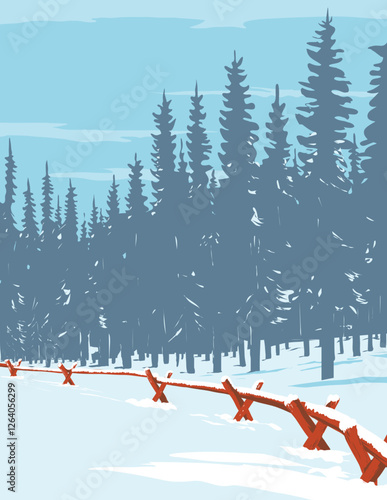 WPA poster art of a fence in Echo Lake near Idaho Springs in the Rocky Mountains, Colorado, United States USA during winter done in works project administration or federal art project style.