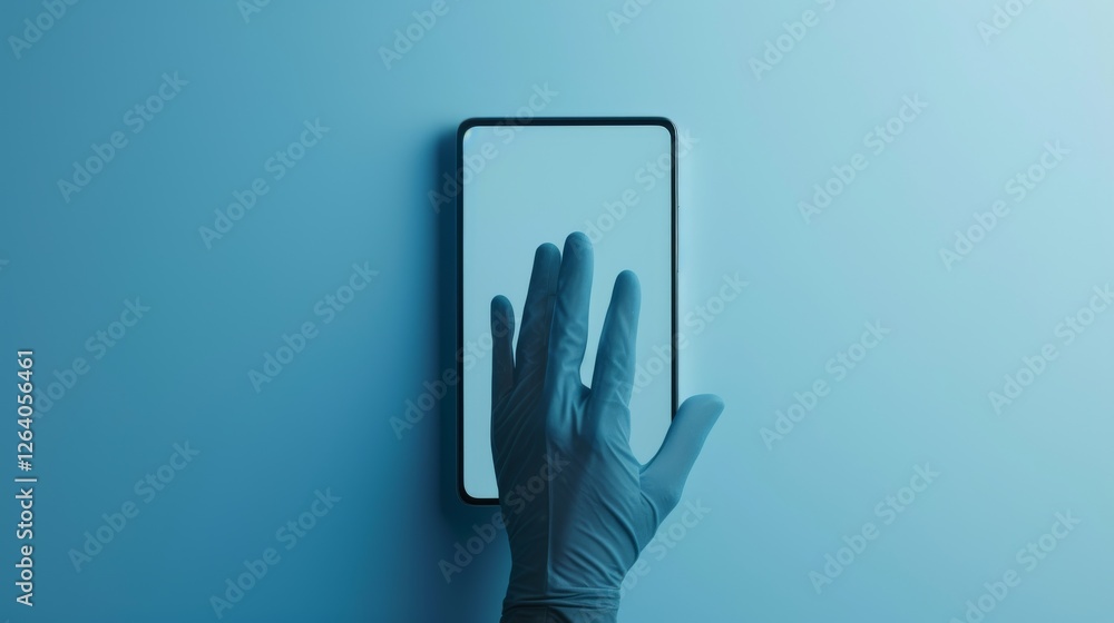 A hand wearing a blue latex glove reaches out to touch a sleek, high-tech smartphone screen, symbolizing digital security, healthcare, and technological innovation. AI generated.