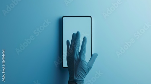 Obraz na płótnie A hand wearing a blue latex glove reaches out to touch a sleek, high-tech smartphone screen, symbolizing digital security, healthcare, and technological innovation. AI generated. w salonie