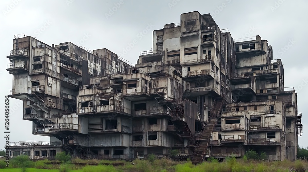 A dystopian megastructure featuring stacked and decayed industrial housing units, with massive external metal staircases A dystopian megastructure featuring stacked and decayed industrial housing units, with massive external metal staircases