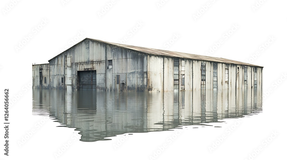 Fototapeta premium A flooded warehouse exterior with water pooling around the structure, reflecting its decayed walls, isolated on white