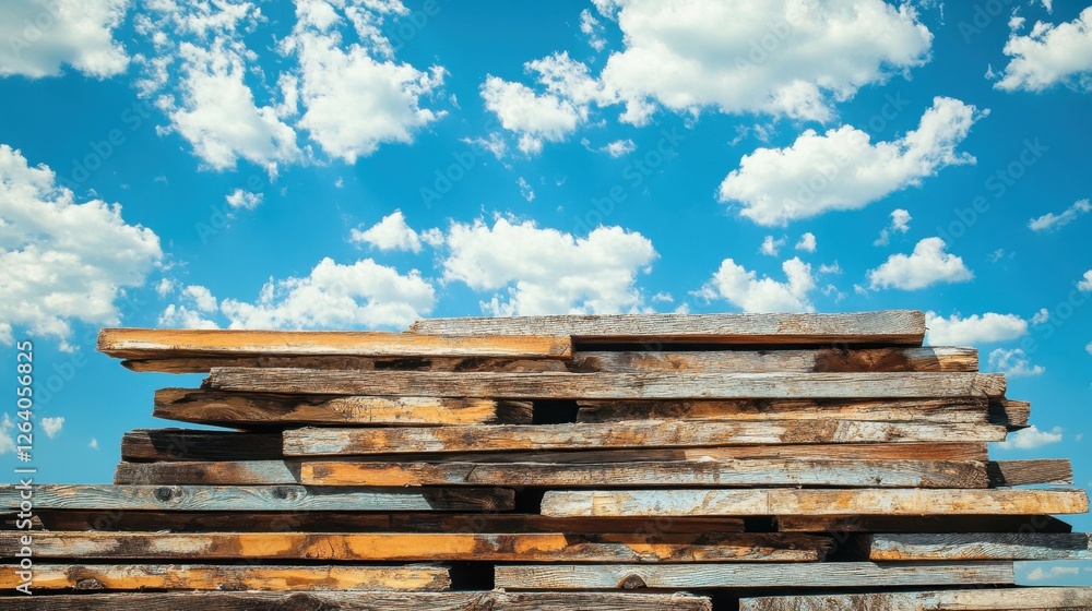 A stack of wooden planks against a bright blue sky with scattered clouds, showcasing natural textures and the beauty of wood. A stack of wooden planks against a bright blue sky with scattered clouds, showcasing natural textures and the beauty of wood.