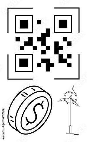 QR code, coin with dollar sign, and wind turbine. Ideal for mobile payments, eco-finance, renewable energy, sustainability, technology, innovation digital solutions abstract line flat metaphor