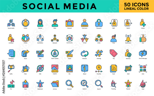 Social Media icon set with social media, profile, female, male, account, username, password, login, logout, follow icon. Simple lineal color vector 
