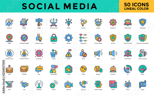 Social Media icon set with influencer, blogger, vlogger, content creator, creator, creative, curator, moderator, administrator, verification icon. Simple lineal color vector 
