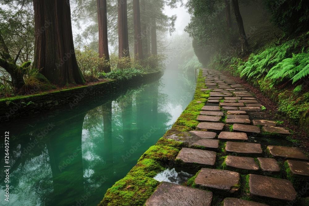Misty Forest Path Beside a Still Green Canal Misty Forest Path Beside a Still Green Canal