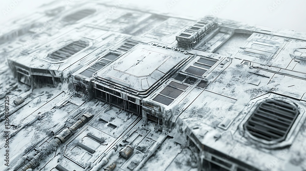 Obraz premium A futuristic skyscraper roof covered in grime, with HVAC systems and vents scattered across the surface, isolated on white