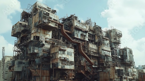 A futuristic slum settlement made from scavenged metal, featuring towering makeshift buildings and rusting staircases