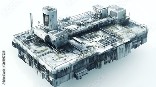 A futuristic skyscraper roof covered in grime, with HVAC systems and vents scattered across the surface, isolated on white photo