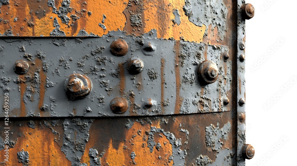 A hyperrealistic close-up of an old factory wall, showing cracks, rust streaks, and peeling paint, isolated on white A hyperrealistic close-up of an old factory wall, showing cracks, rust streaks, and peeling paint, isolated on white