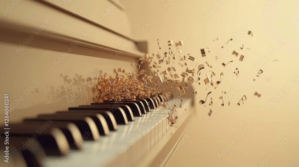 A dreamlike composition featuring a piano with musical notes bursting into the air, rendered in elegant golden hues, symbolizing music