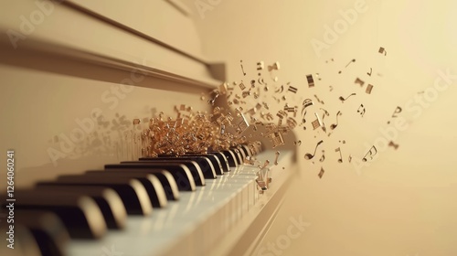 Obraz na płótnie A dreamlike composition featuring a piano with musical notes bursting into the air, rendered in elegant golden hues, symbolizing music w salonie