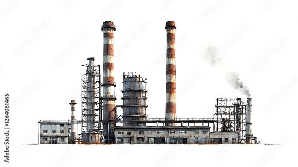 Obraz premium A photorealistic Ukrainian industrial plant, with towering chimneys and metal-clad warehouses, isolated on white