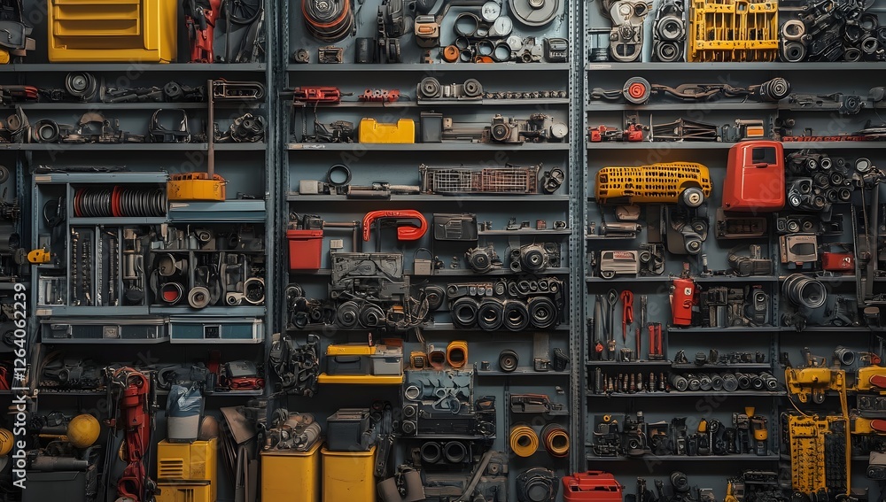 Fototapeta premium Organized workshop wall shelves filled with tools and parts