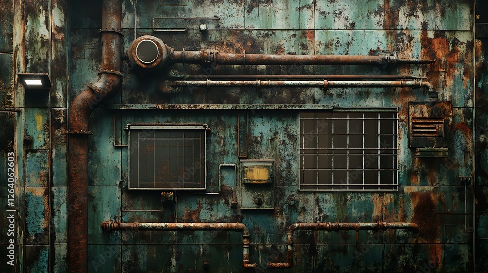 A rusted industrial factory front view, showcasing corroded pipes, broken windows, and faded paint, with no perspective A rusted industrial factory front view, showcasing corroded pipes, broken windows, and faded paint, with no perspective