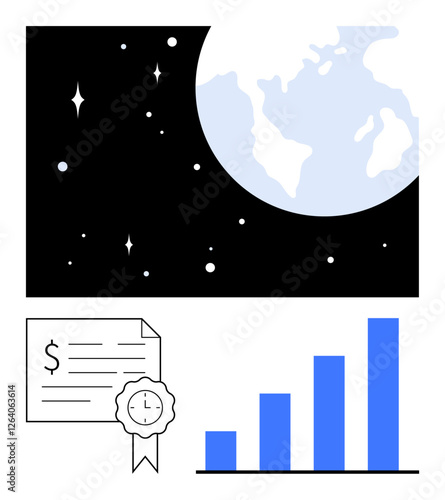 Earth in space, bar graph, certificate with dollar sign and clock icon representing financial growth and time management. Ideal for global business, investment strategies, performance metrics