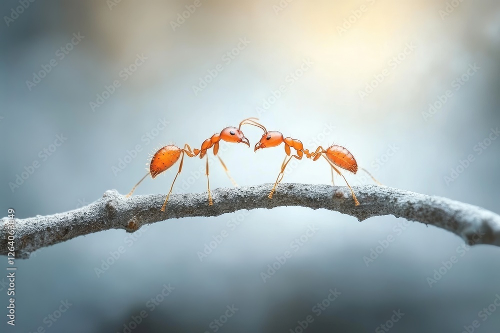 Two Red Ants Face Each Other On A Branch Two Red Ants Face Each Other On A Branch