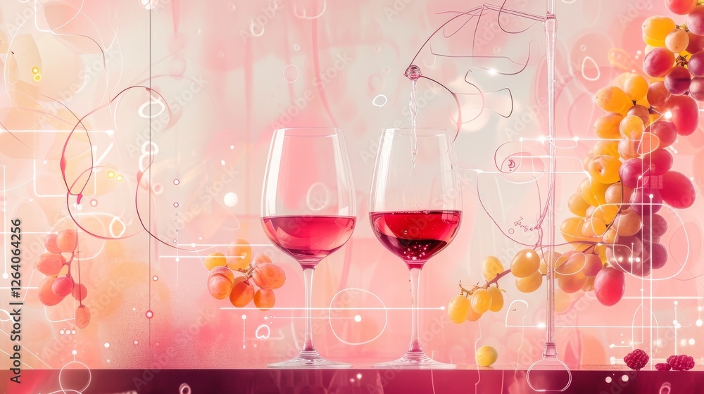 A visually striking AI-generated artwork featuring wine glasses filled with red wine, surrounded by futuristic digital elements and grapes, blending elegance with modern technology aesthetics. AI