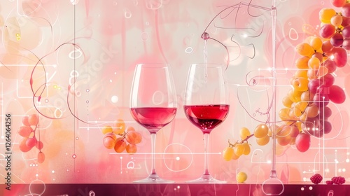 Obraz na płótnie A visually striking AI-generated artwork featuring wine glasses filled with red wine, surrounded by futuristic digital elements and grapes, blending elegance with modern technology aesthetics. AI w salonie