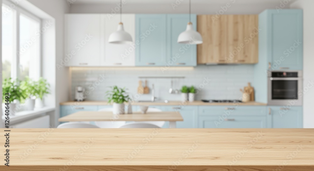 Modern Kitchen Countertop: A clean and inviting kitchen with light wood cabinets, a blue countertop, and a window providing natural light. Modern Kitchen Countertop: A clean and inviting kitchen with light wood cabinets, a blue countertop, and a window providing natural light.