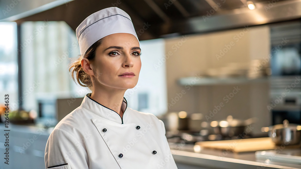 Portrait confident beautiful female chef in restaurant kitchen Portrait confident beautiful female chef in restaurant kitchen