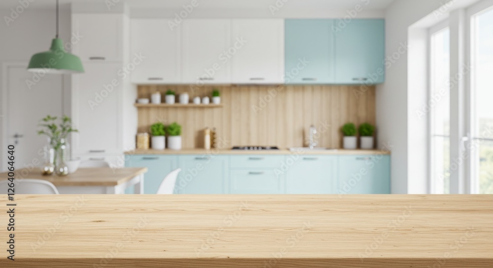 Modern Kitchen Countertop: A minimalist kitchen design featuring a sleek, wooden countertop, a backdrop of light blue cabinetry, and wooden shelves stocked with minimalist decor. Modern Kitchen Countertop: A minimalist kitchen design featuring a sleek, wooden countertop, a backdrop of light blue cabinetry, and wooden shelves stocked with minimalist decor.