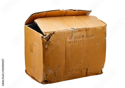 Photography On top worn old cardboard box isolated on transparent or white background