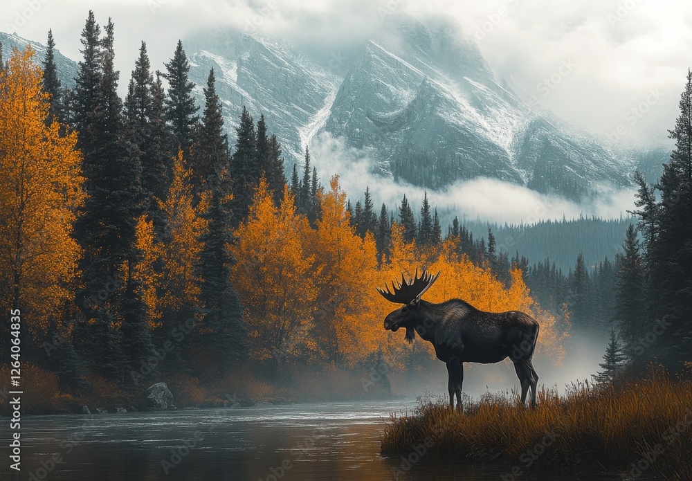 Majestic Moose by the River: A solitary moose stands majestically by a tranquil river, its antlers silhouetted against a backdrop of snow-capped mountains and vibrant autumn foliage. Majestic Moose by the River: A solitary moose stands majestically by a tranquil river, its antlers silhouetted against a backdrop of snow-capped mountains and vibrant autumn foliage.