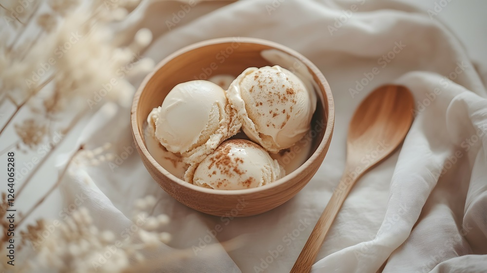 Creamy Vanilla Ice Cream in a Wooden Bowl with Cinnamon Creamy Vanilla Ice Cream in a Wooden Bowl with Cinnamon