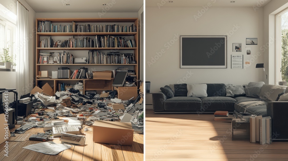 Contrast between cluttered workspace and organized living room gives insight into personal organization and lifestyle choices. Generative AI Contrast between cluttered workspace and organized living room gives insight into personal organization and lifestyle choices. Generative AI