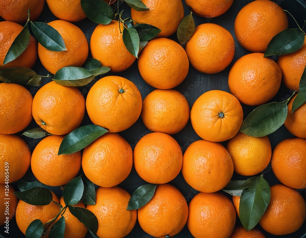 Orange with green leaves top view. Poster, banner, background. Orange harvesting. Citrus vitamins.