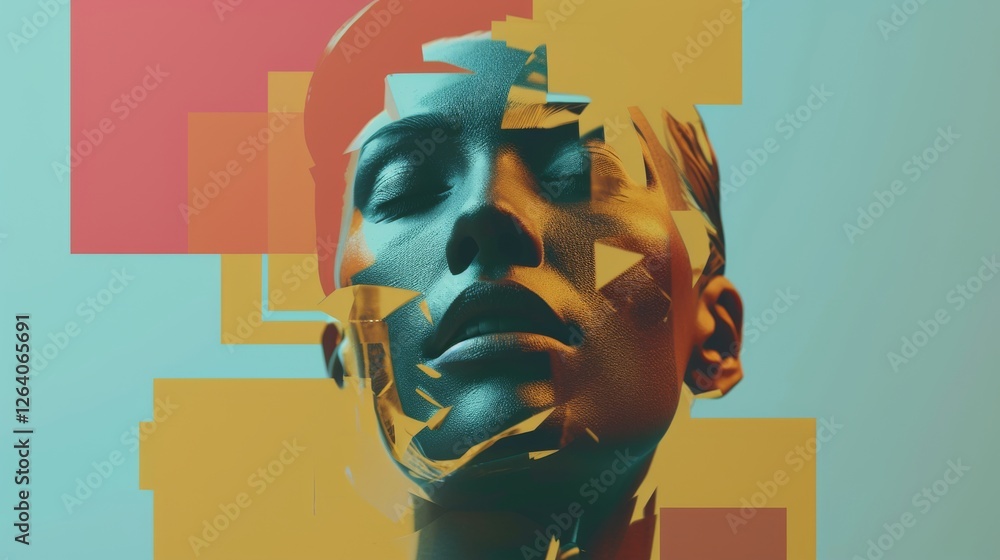 A surreal digital portrait of a human face disintegrating into geometric fragments. The artistic composition blends orange and teal tones, creating a futuristic, cyberpunk aesthetic. AI generated.