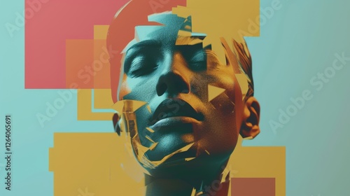 A surreal digital portrait of a human face disintegrating into geometric fragments. The artistic composition blends orange and teal tones, creating a futuristic, cyberpunk aesthetic. AI generated.